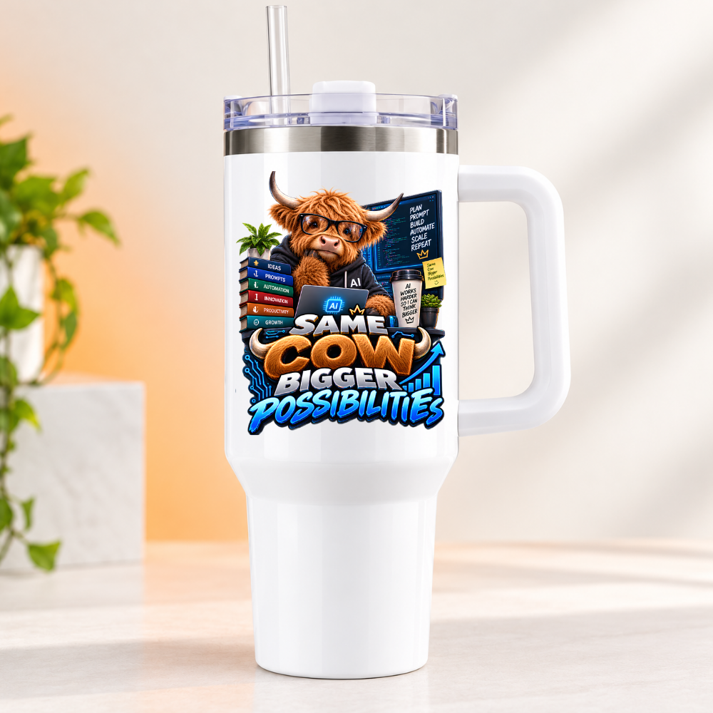 Funny Tech Travel Tumbler "Same Cow Bigger Possibilities" Graphic 40oz Stainless Steel Insulated Travel Mug with Handle & Straw – Highland Cow in Glasses with Laptop, Coffee & Stacked Books Gift for Office | Fast Dispatch by UK Seller (T3058)
