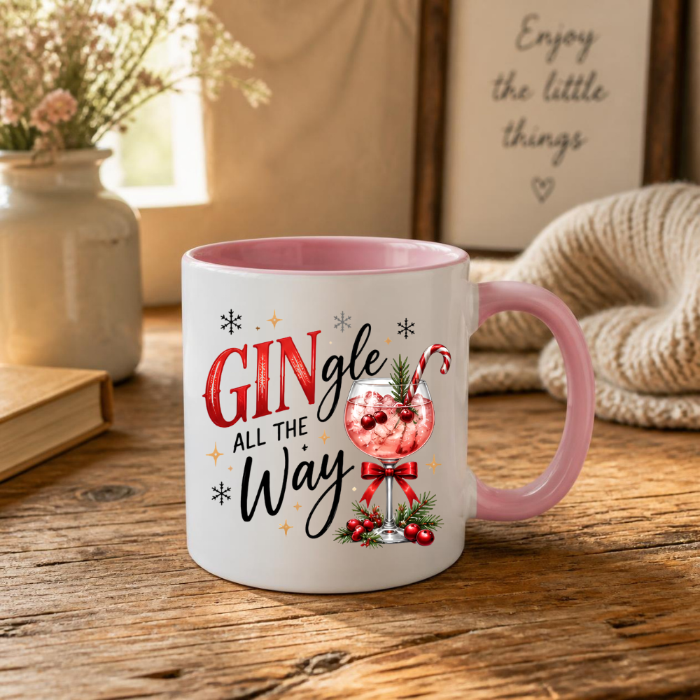 Christmas Gin Cocktail Mug "Gingle All The Way" Gingle All The Way 325ml Ceramic Coffee Mug – Festive Gin Cocktail with Candy Cane, Pine & Berries Graphic | Holiday Gift | Fast Dispatch by UK Seller (M3397)