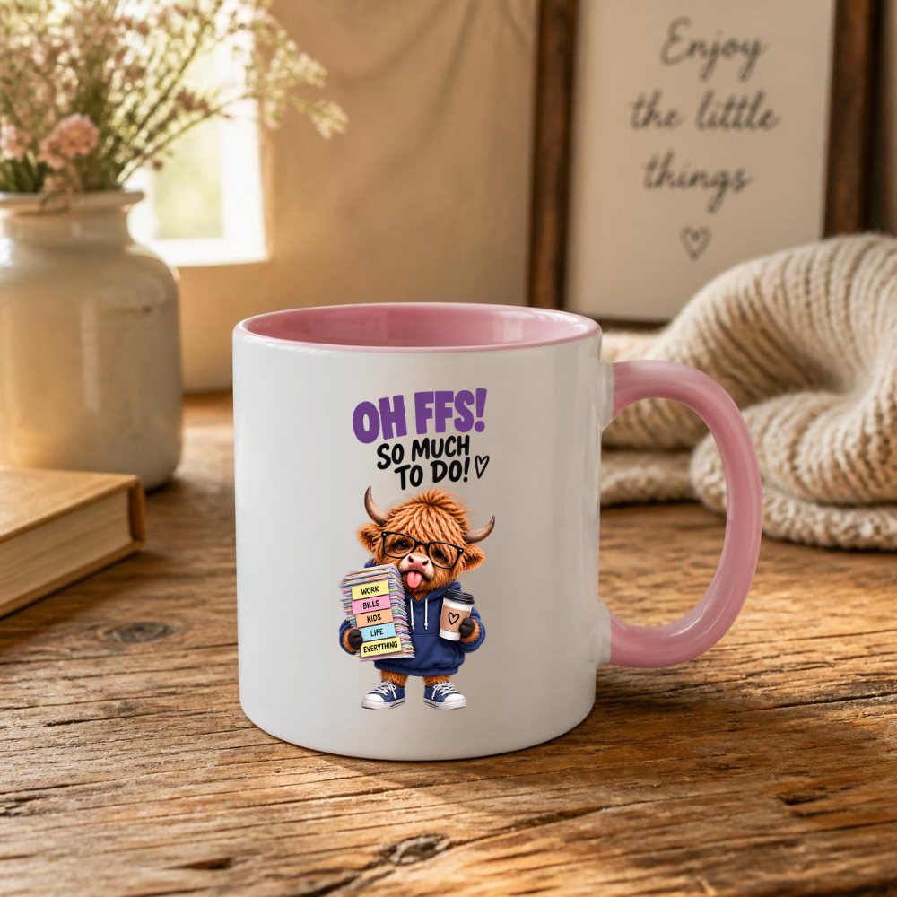 Highland Cow To-Do List Mug "Oh FFS! So Much To Do!" Oh FFS! So Much To Do! 325ml Ceramic Coffee Mug – Cute Highland Cow in Glasses & Hoodie carrying Paper Stack & Coffee Cup | Funny Work Gift | Fast Dispatch by UK Seller (M3387)