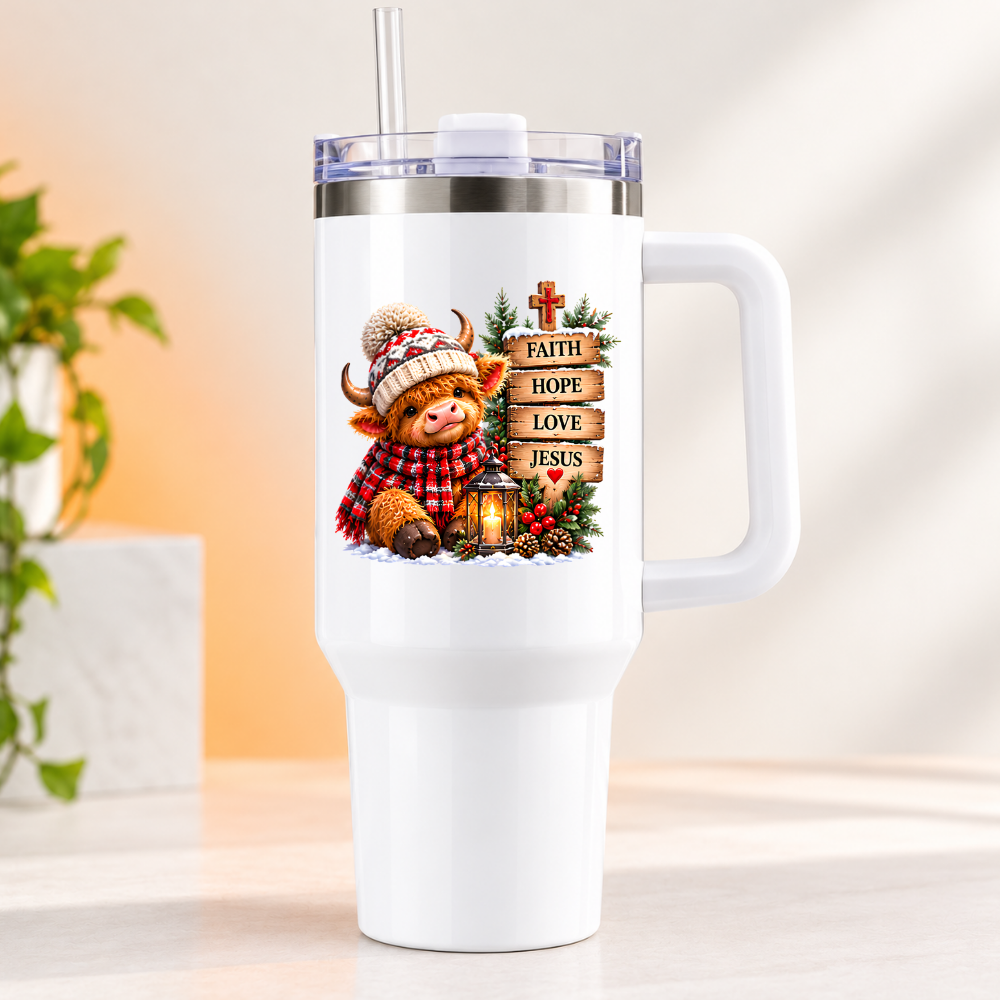 Inspirational Religious Highland Cow Travel Tumbler "Faith Hope Love Jesus" Graphic 40oz Stainless Steel Insulated Travel Mug with Handle & Straw – Winter Calf in Hat & Scarf with Sign & Cross Novelty Travel Cup | Fast Dispatch by UK Seller (T3012)
