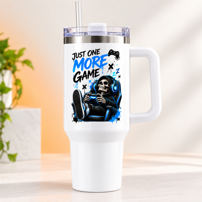 Funny Gaming Travel Tumbler "Just One More Game" Graphic 40oz Stainless Steel Insulated Travel Mug with Handle & Straw – Gamer Skeleton in Gaming Chair with Headset & Controller Novelty Gift | Fast Dispatch by UK Seller (T3064)