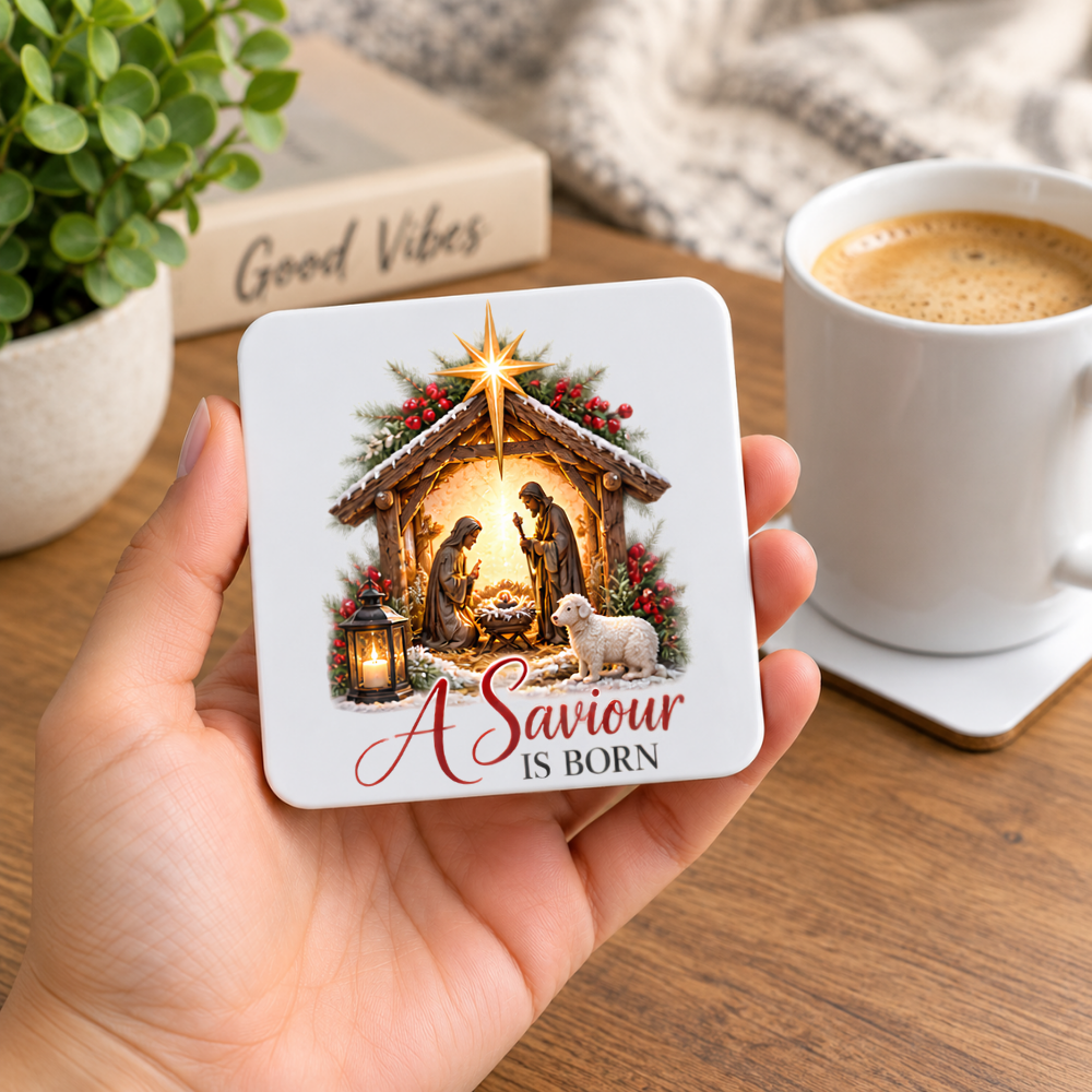 Christmas Nativity Hardboard Coaster "A Saviour Is Born" Graphic 9cm x 9cm Square Drinks Coaster “Holy Family Manger Scene with Lamb, Star of Bethlehem & Lantern Novelty Mat | Christian Glossy Gift | Fast Dispatch by UK Seller (C3048)