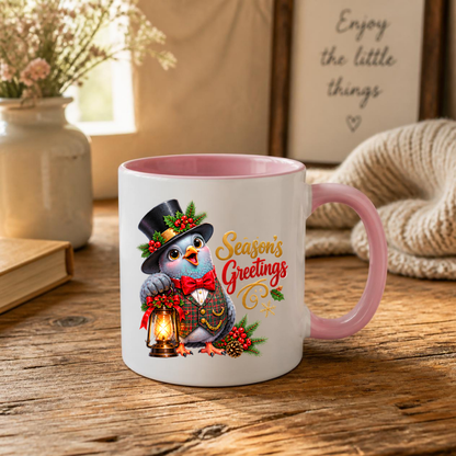 Holiday Mug "Season's Greetings Gentleman Bird" 325ml Ceramic Coffee Mug – Dapper Victorian Christmas Bird in Top Hat & Plaid Vest Holding Vintage Lantern Festive Holiday Gift | Available in Multicolours | Fast Dispatch by UK Seller (M3267)