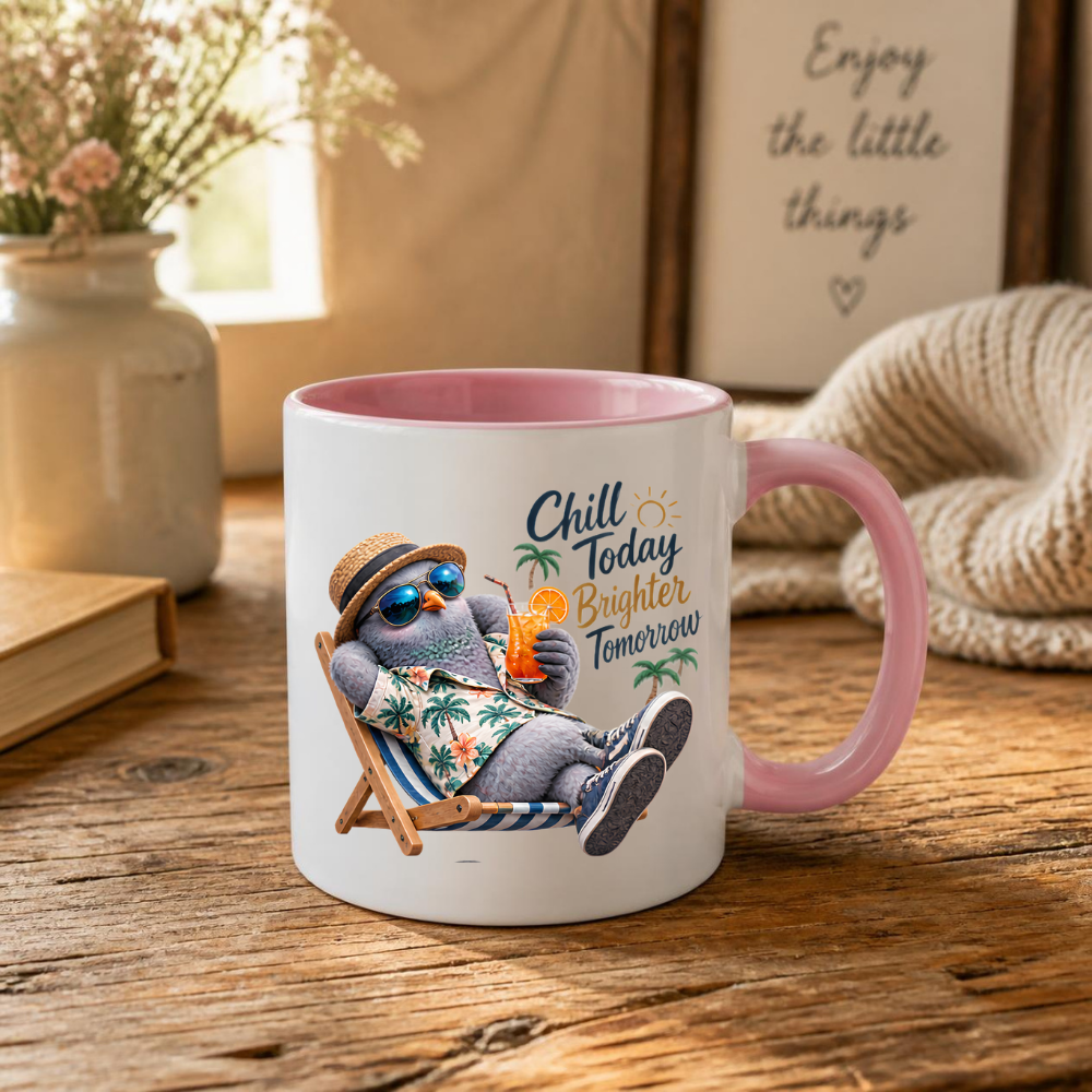 Summer Mug "Chill Today Brighter Tomorrow Cool Pigeon" 325ml Ceramic Coffee Mug – Relaxing Pigeon in Hawaiian Shirt Straw Hat Sunglasses Summer Mug Gift For Friends Vacation Lovers | Available in Multicolours | Fast Dispatch by UK Seller (M3236)