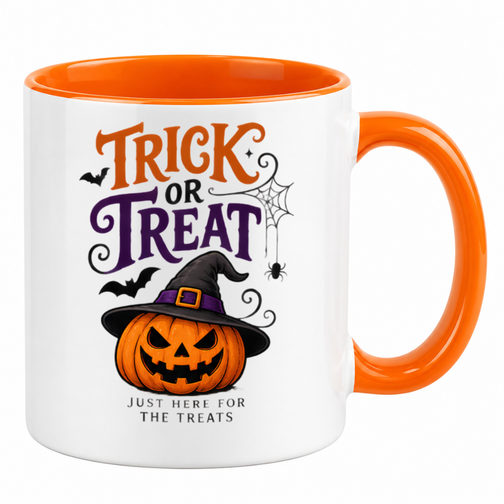 Halloween Mug "Trick Or Treat Pumpkin" Trick Or Treat Pumpkin 325ml Ceramic Coffee Mug – Funny Halloween Autumn Tea Cup with Witch Hat Jack O Lantern Spider Web Just Here For The Treats Graphic Gift | Fast Dispatch by UK Seller (M3205)