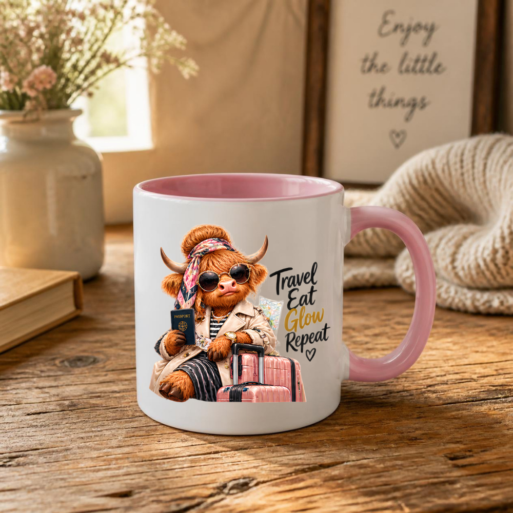 Travel Mug "Travel Eat Glow Repeat Highland Cow" Travel Eat Glow Repeat 325ml Ceramic Coffee Mug – Chic Highland Cow with Passport, Pink Suitcase Trench Coat Wanderlust Holiday Gift | Available in Multicolours | Fast Dispatch by UK Seller (M3279)