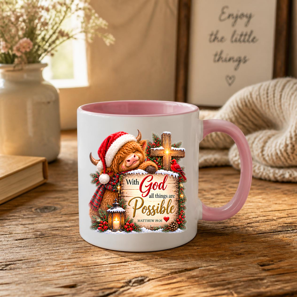 Christmas Mug "With God All Things Are Possible Highland Cow" Matthew 19:26 325ml Ceramic Coffee Mug – Festive Highland Cow Mug With Cross Cardinal Lantern Christian Holiday Gift | Available in Multicolours | Fast Dispatch by UK Seller (M3307)