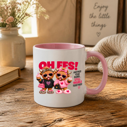 Birthday Highland Cows Mug "Oh Ffs! Another Year Older... Still Trouble Together" Oh Ffs! Another Year Older 325ml Ceramic Coffee Mug–Cute Highland Cows with Cupcakes, Handbags & Sunglasses | Funny Bestie Birthday Gift | Fast Dispatch by UK Seller (M3369)