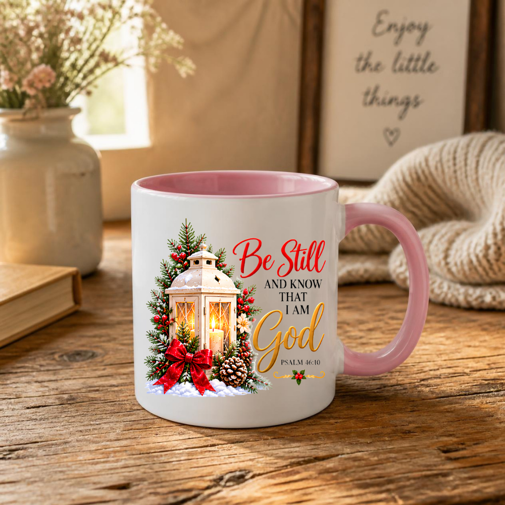 Religious Christmas Mug "Be Still And Know That I Am God" Be Still And Know That I Am God 325ml Ceramic Coffee Mug – Christian Scripture Mug with Psalm 46:10, Lantern & Pinecones | Religious Holiday Gift | Fast Dispatch by UK Seller (M3339)