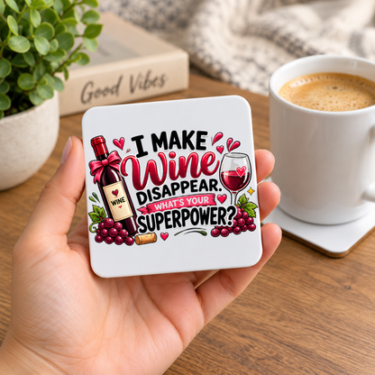 Funny Wine Coaster "I Make Wine Disappear What's Your Superpower?" Graphic Glossy Hardboard 9x9cm Drinks Mat – Wine Bottle, Glass & Grapes Tableware Gift | Fast Dispatch by UK Seller (C3068)