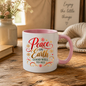 Christmas Mug "Peace On Earth Good Will To All" 325ml Ceramic Coffee Mug – Festive Christmas Blessing Mug With Gold Snowflakes Red Calligraphy Religious Holiday Gift | Available in Multicolours | Fast Dispatch by UK Seller (M3293)