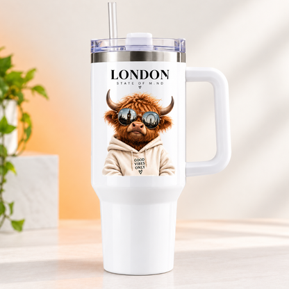 Sassy Highland Cow Travel Tumbler "London State of Mind" Graphic 40oz Stainless Steel Insulated Travel Mug with Handle & Straw – Cool Cow in Hoodie & Sunglasses with Big Ben & London Eye Reflections Novelty Travel Cup | Fast Dispatch by UK Seller (T3031)