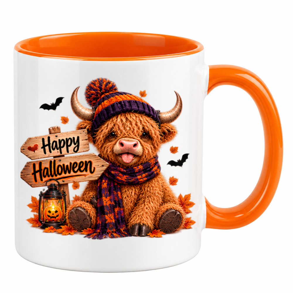Halloween Mug "Highland Cow Beanie & Scarf Happy Halloween" Highland Cow Beanie and Scarf Happy Halloween 325ml Ceramic Coffee Mug – Cute Halloween Autumn Tea Cup Plaid Scarf Wooden Direction Sign Graphic Gift | Fast Dispatch by UK Seller (M3221)