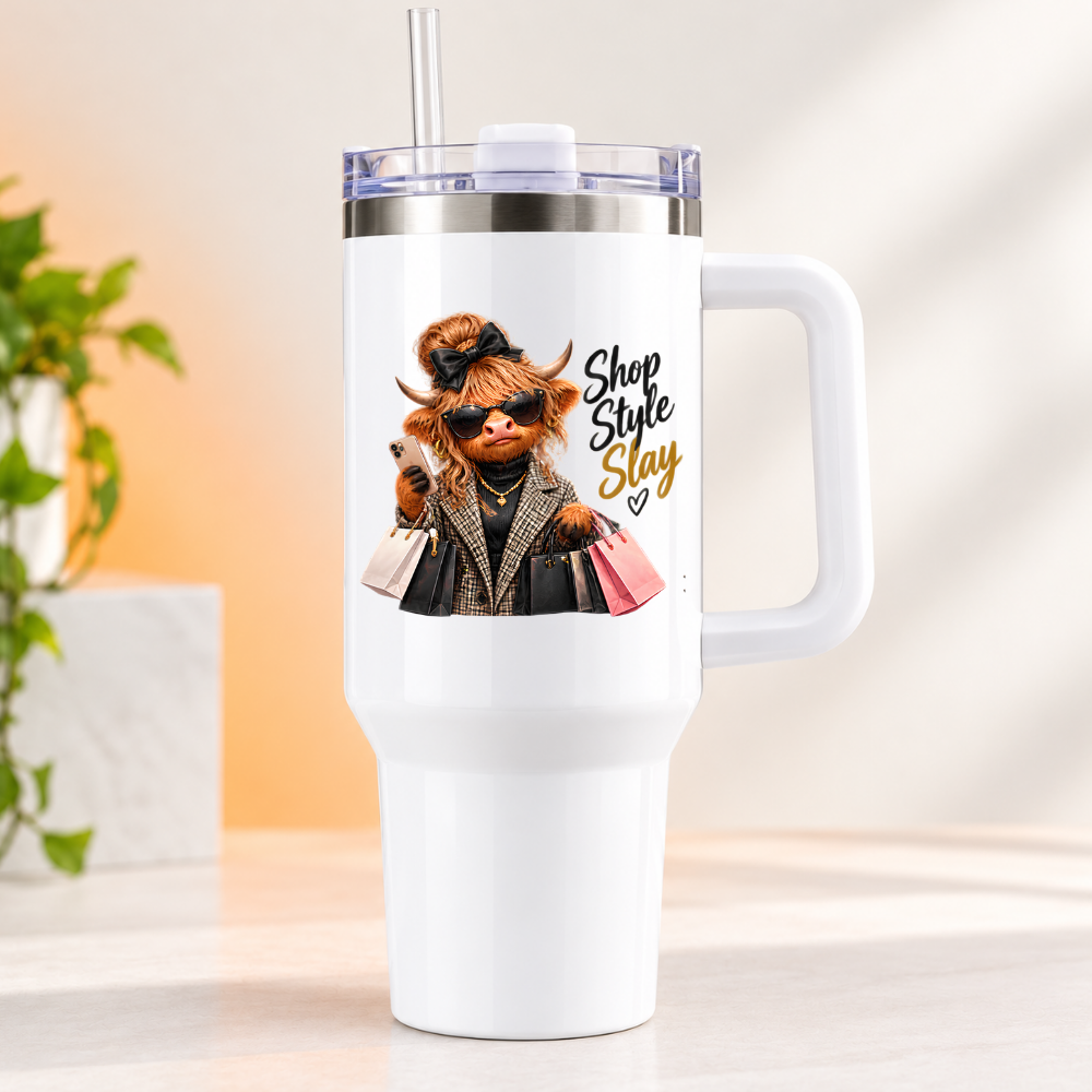 Sassy Highland Cow Travel Tumbler "Shop Style Slay" Graphic 40oz Stainless Steel Insulated Travel Mug with Handle & Straw – Fashion Cow in Plaid Coat, Sunglasses, Bow & Shopping Bags Novelty Travel Cup | Fast Dispatch by UK Seller (T3025)
