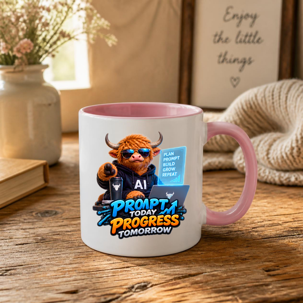 Tech Mug "Prompt Today Progress Tomorrow" 325ml Ceramic Coffee Mug – Highland Cow in Sunglasses with Laptop Coffee AI Screen Modern Tech Gift For Developers AI Prompt Engineers | Available in Multicolours | Fast Dispatch by UK Seller (M3230)