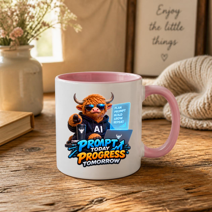 Tech Mug "Prompt Today Progress Tomorrow" 325ml Ceramic Coffee Mug – Highland Cow in Sunglasses with Laptop Coffee AI Screen Modern Tech Gift For Developers AI Prompt Engineers | Available in Multicolours | Fast Dispatch by UK Seller (M3230)