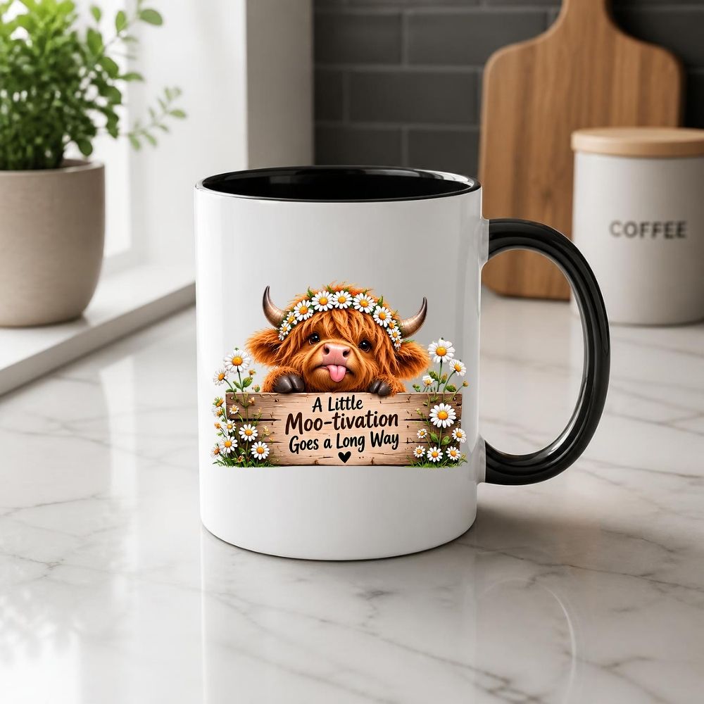 Inspiring Mug "A Little Moo-tivation Goes a Long Way" Highland Cow 325ml Ceramic Coffee Mug Cute Animal Tea Cup with Daisy Flower Crown & Wooden Sign | Available in Multicolours | Fast Dispatch by UK Seller (M1278)