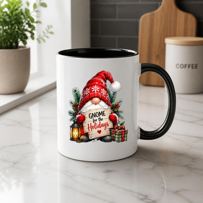 Charming Mug "Gnome for the Holidays" Christmas Gnome 325ml Ceramic Coffee Mug Festive Winter Holiday Tea Cup with Lantern, Gift & Wooden Sign Gift | Available in Multicolours | Fast Dispatch by UK Seller (M1254)