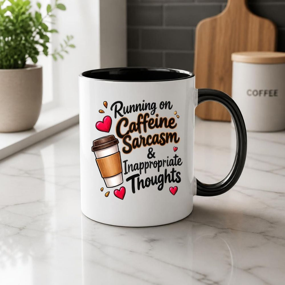 Sarcastic Mug "Running on Caffeine Sarcasm & Inappropriate Thoughts" 325ml Ceramic Coffee Mug Funny Coffee Lover Tea Cup with Takeaway Cup & Hearts Graphic Gift | Available in Multicolours | Fast Dispatch by UK Seller (M1305)