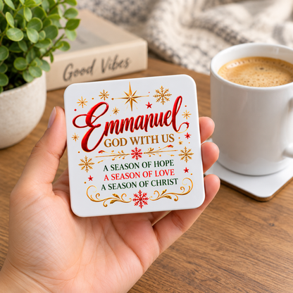 Festive Christian Christmas Coaster "Emmanuel God With Us A Season of Hope A Season of Love A Season of Christ" Graphic Glossy Hardboard 9x9cm Drinks Mat – Red & Golden Script Holiday Tableware Gift | Fast Dispatch by UK Seller (C3056)