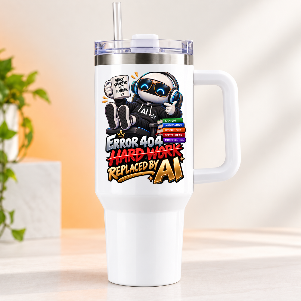 Sarcastic Office Tech Travel Tumbler "ERROR 404 HARD WORK REPLACED BY AI" Graphic 40oz Stainless Steel Insulated Mug with Handle & Straw – Robot with Coffee, Laptop & ChatGPT Books Novelty Gift for Coders & Office | Fast Dispatch by UK Seller (T3048)