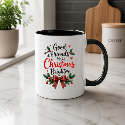 Warm & Festive Mug "Good Friends Make Christmas Brighter" 325ml Ceramic Coffee Mug Winter Holiday Tea Cup with Tartan Plaid Bow & Holly Berries | Available in Multicolours | Fast Dispatch by UK Seller (M1268)