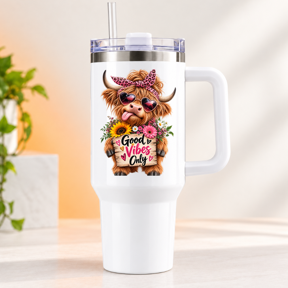 Sassy Highland Cow Travel Tumbler "Good Vibes Only" Graphic 40oz Stainless Steel Insulated Travel Mug with Handle & Straw – Cheeky Cow in Pink Leopard Bow, Heart Sunglasses, Flowers & Wooden Sign Novelty Travel Cup | Fast Dispatch by UK Seller (T3039)