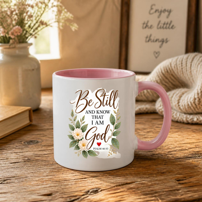 Inspirational Christian Mug "Be Still And Know That I Am God Psalm 46:10" 325ml Ceramic Coffee Mug –Christian Bible Verse Mug With Floral Wreath Leaves Inspirational Gift | Available in Multicolours | Fast Dispatch by UK Seller (M3299)