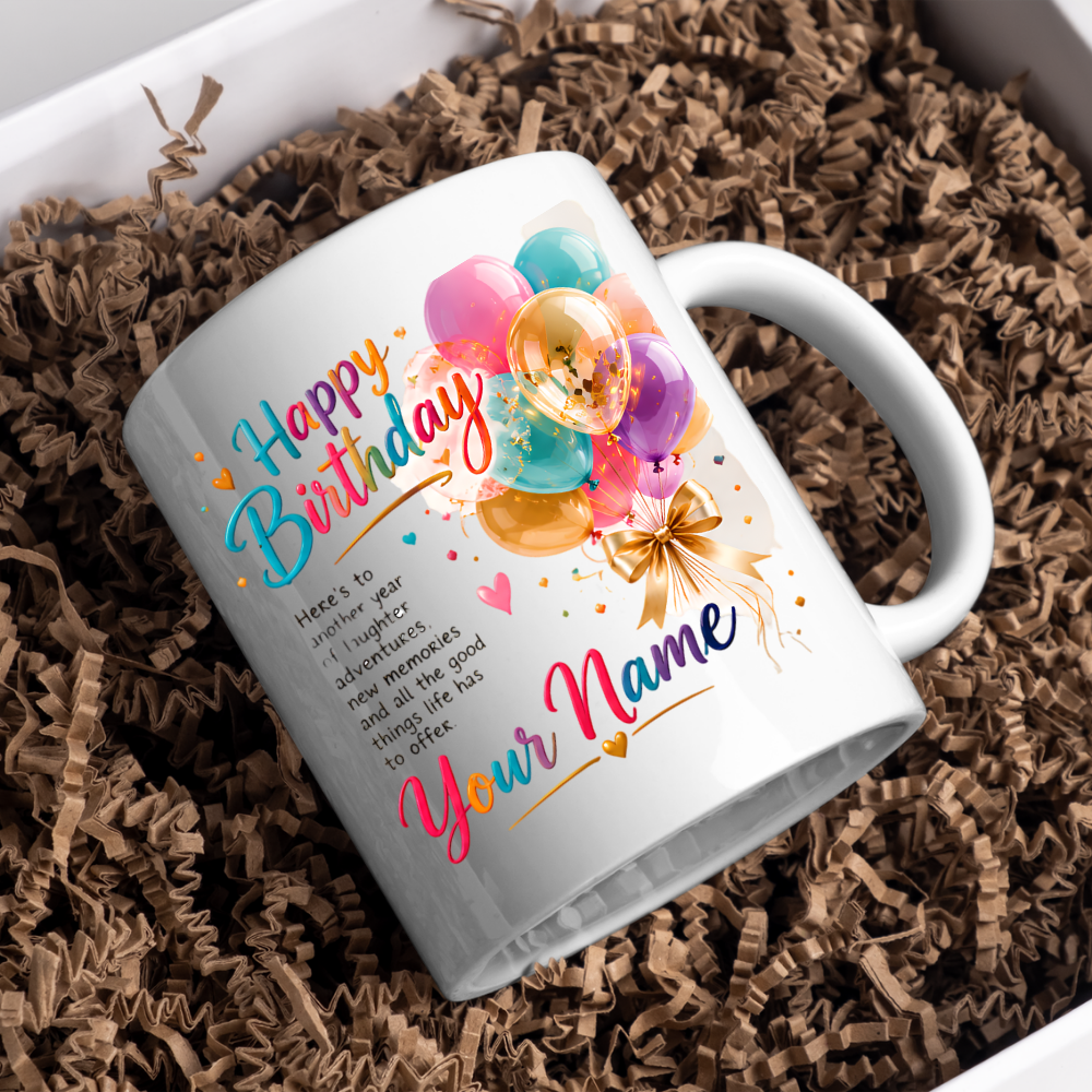 Personalised Birthday Mug "Happy Birthday" 325ml Ceramic Coffee Tea Cup – Colorful Balloons, Confetti, Custom Name & Laughter Wish Slogan Novelty Gift for Bestie, Friends, Birthday – Fast Dispatch by UK Seller (M3511)