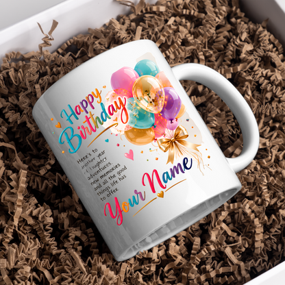 Personalised Birthday Mug "Happy Birthday" 325ml Ceramic Coffee Tea Cup – Colorful Balloons, Confetti, Custom Name & Laughter Wish Slogan Novelty Gift for Bestie, Friends, Birthday – Fast Dispatch by UK Seller (M3511)