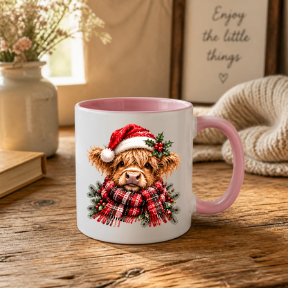 Christmas Santa Hat Highland Cow Mug Cute Christmas Highland Cow in Santa Hat 325ml Ceramic Coffee Mug – Fluffy Scottish Calf wearing Red Santa Hat & Cozy Scarf | Festive Winter Gift | Fast Dispatch by UK Seller (M3430)
