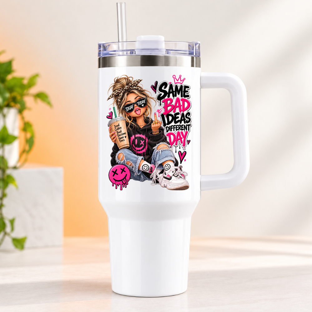 Funny Sassy Travel Tumbler "Same Bad Ideas Different Day" Graphic 40oz Stainless Steel Insulated Travel Mug with Handle & Straw â€“ Trendy Girl with Glasses, Iced Coffee & Smiley Graffiti Novelty Travel Cup | Fast Dispatch by UK Seller (T3006)