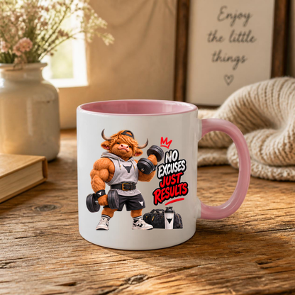 Gym Mug "No Excuses Just Results Muscular Highland Cow" No Excuses Just Results 325ml Ceramic Coffee Mug – Muscular Highland Cow Lifting Dumbbells In Hoodie Lifting Belt Gym Fitness Gift | Available in Multicolours | Fast Dispatch by UK Seller (M3273)
