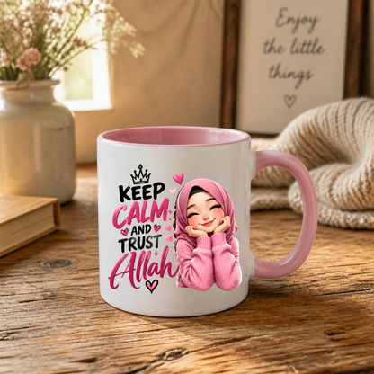 Islamic Mug "Keep Calm And Trust Allah" 325ml Ceramic Coffee Tea Cup – Pink Hijabi Girl Graphic, Hearts & Faith Slogan Novelty Gift for Muslim Women, Friends, Birthday – Fast Dispatch by UK Seller (M3505)