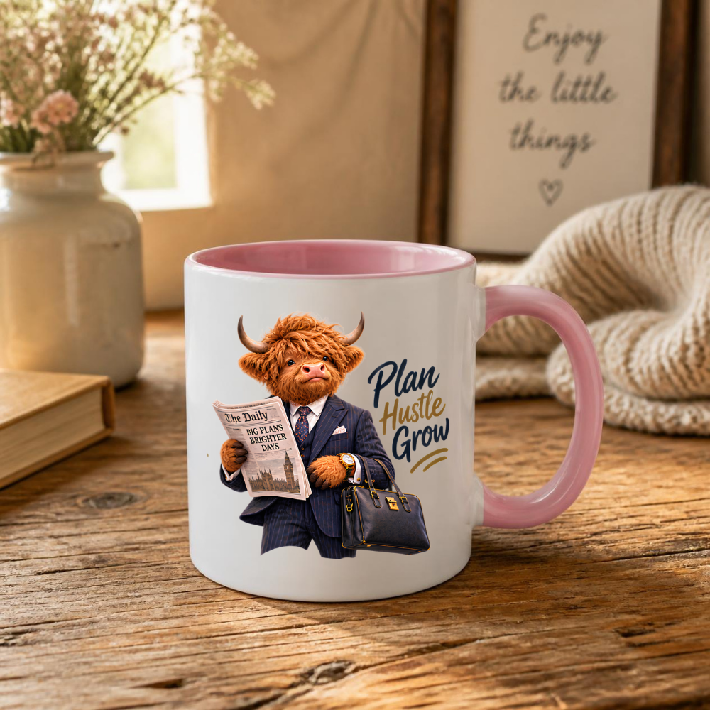 Gentleman Mug "Plan Hustle Grow Businessman Highland Cow" 325ml Ceramic Coffee Mug – Dapper Highland Cow Businessman Reading Newspaper With Leather Briefcase Office Career Gift | Available in Multicolours | Fast Dispatch by UK Seller (M3285)
