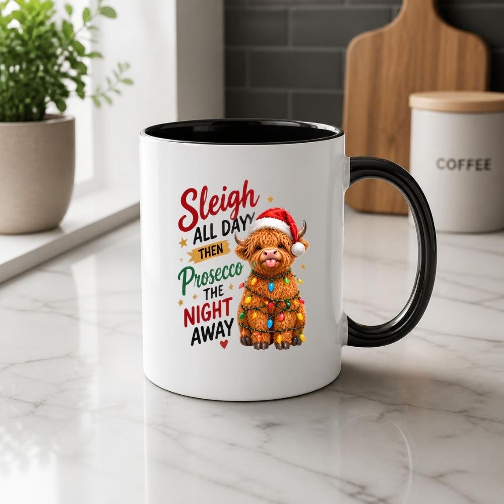 Festive Mug "Sleigh All Day Then Prosecco The Night Away" Highland Cow 325ml Ceramic Coffee Mug Cute Christmas Fairy Lights Tea Cup with Santa Hat & Stars Gift | Available in Multicolours | Fast Dispatch by UK Seller (M1291)