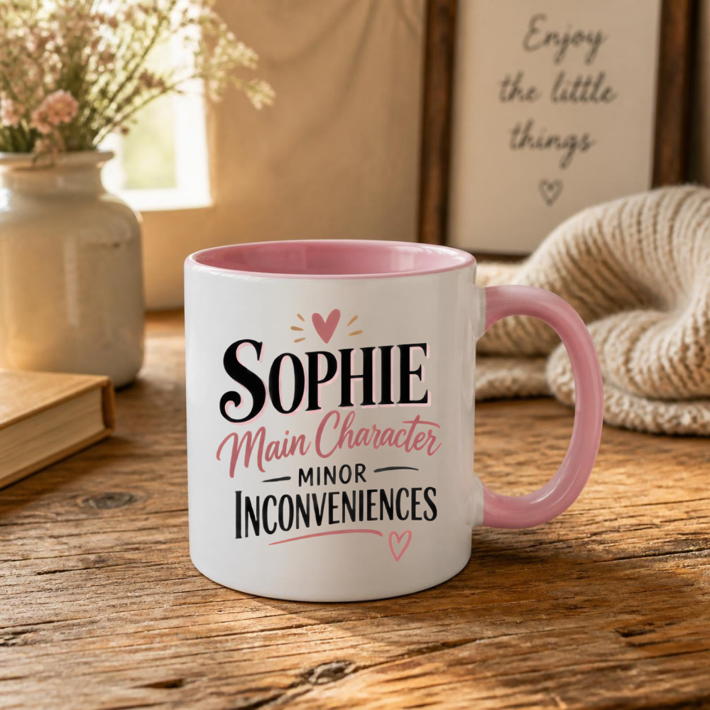 Personalized Name Mug "Sophie Main Character Minor Inconveniences" Sophie Main Character Minor Inconveniences 325ml Ceramic Coffee Mug – Custom Name Typography Slogan with Heart Accents & Script Details | Funny Gift | Fast Dispatch by UK Seller (M3450)