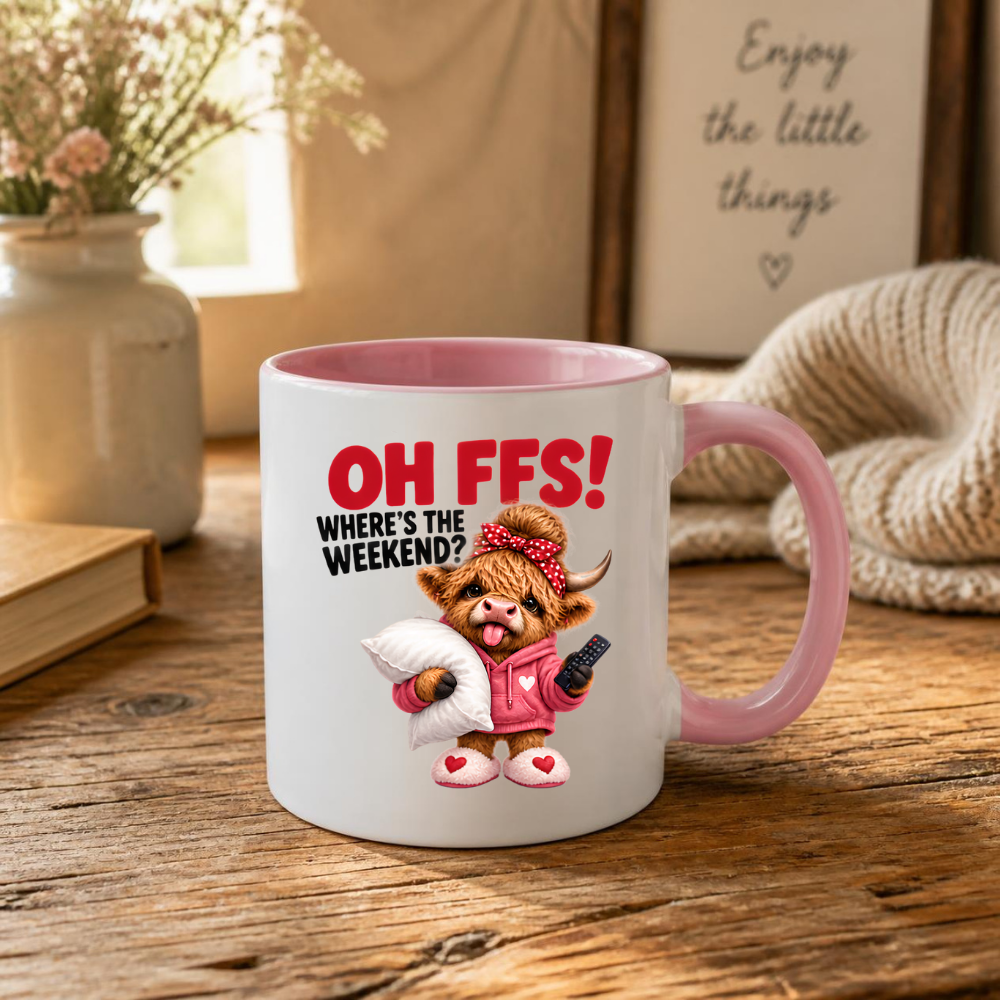 Highland Cow Weekend Mug "OH FFS! Where's The Weekend?" Oh Ffs! Where's The Weekend? 325ml Ceramic Coffee Mug – Cute Highland Cow in Pink Hoodie with Pillow, Remote & Heart Slippers | Funny Lazy Day Gift | Fast Dispatch by UK Seller (M3379)