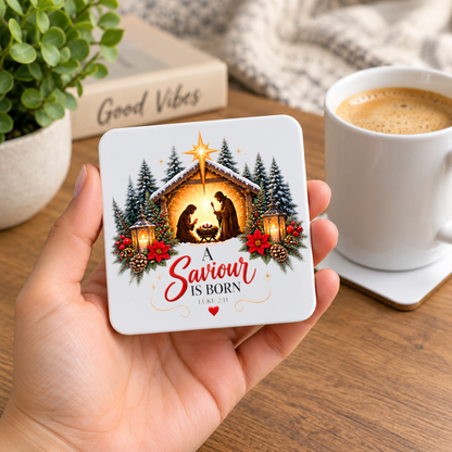 Christmas Nativity Hardboard Coaster "A Saviour Is Born" Graphic 9cm x 9cm Square Drinks Coaster “Holy Family Manger Silhouettes with Star of Bethlehem & Snowy Pine Forest Novelty Mat | Christian Glossy Gift | Fast Dispatch by UK Seller (C3042)
