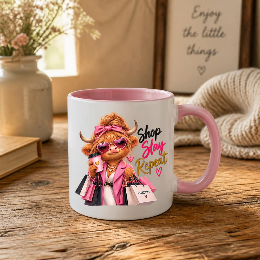 Shopping Mug "Shop Slay Repeat Highland Cow" Shop Slay Repeat Highland Cow 325ml Ceramic Coffee Mug – Glamorous Pink Fashion Shopping Tea Cup With Heart Sunglasses Coffee Graphic Gift | Available in Multicolours | Fast Dispatch by UK Seller (M3196)