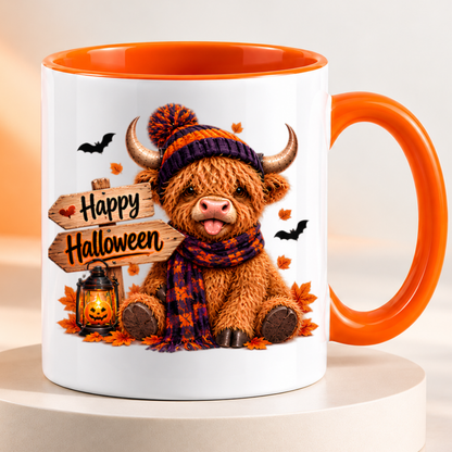 Halloween Mug "Highland Cow Beanie & Scarf Happy Halloween" Highland Cow Beanie and Scarf Happy Halloween 325ml Ceramic Coffee Mug – Cute Halloween Autumn Tea Cup Plaid Scarf Wooden Direction Sign Graphic Gift | Fast Dispatch by UK Seller (M3221)