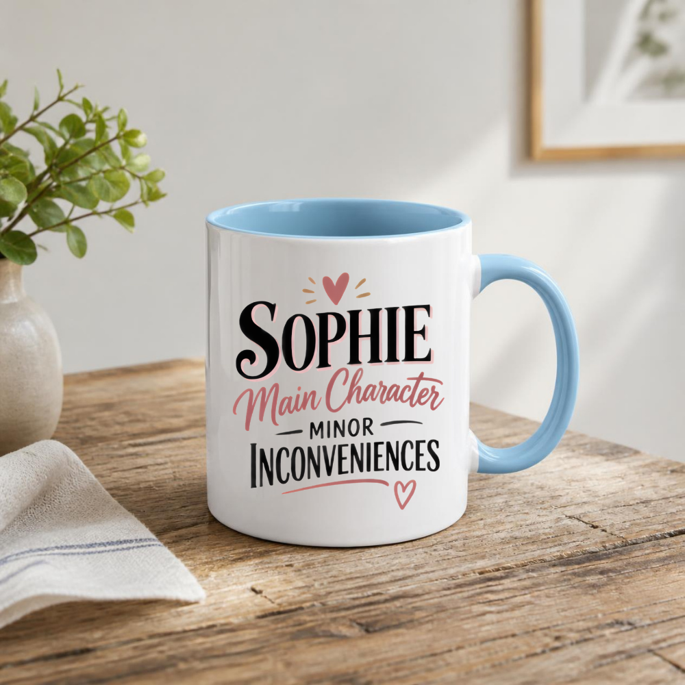 Personalized Name Mug "Sophie Main Character Minor Inconveniences" Sophie Main Character Minor Inconveniences 325ml Ceramic Coffee Mug – Custom Name Typography Slogan with Heart Accents & Script Details | Funny Gift | Fast Dispatch by UK Seller (M3450)