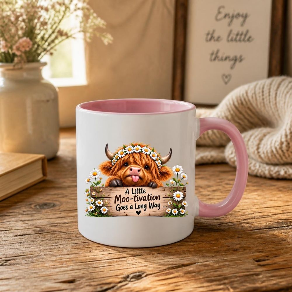 Inspiring Mug "A Little Moo-tivation Goes a Long Way" Highland Cow 325ml Ceramic Coffee Mug Cute Animal Tea Cup with Daisy Flower Crown & Wooden Sign | Available in Multicolours | Fast Dispatch by UK Seller (M1278)