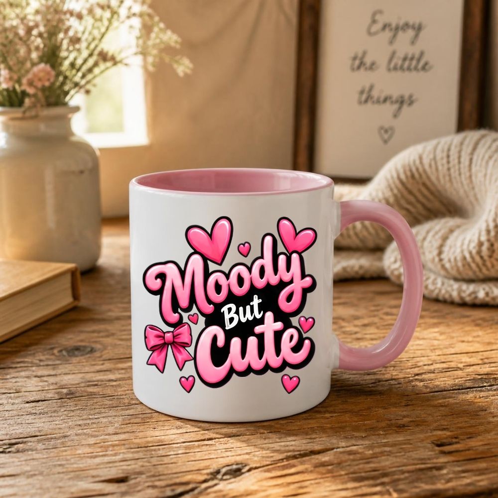 Sassy Mug "Moody But Cute" 325ml Ceramic Coffee Mug Cute Bold Typography Tea Cup with Pink Ribbon Bow & Hearts Graphic Gift | Available in Multicolours | Fast Dispatch by UK Seller (M1313)