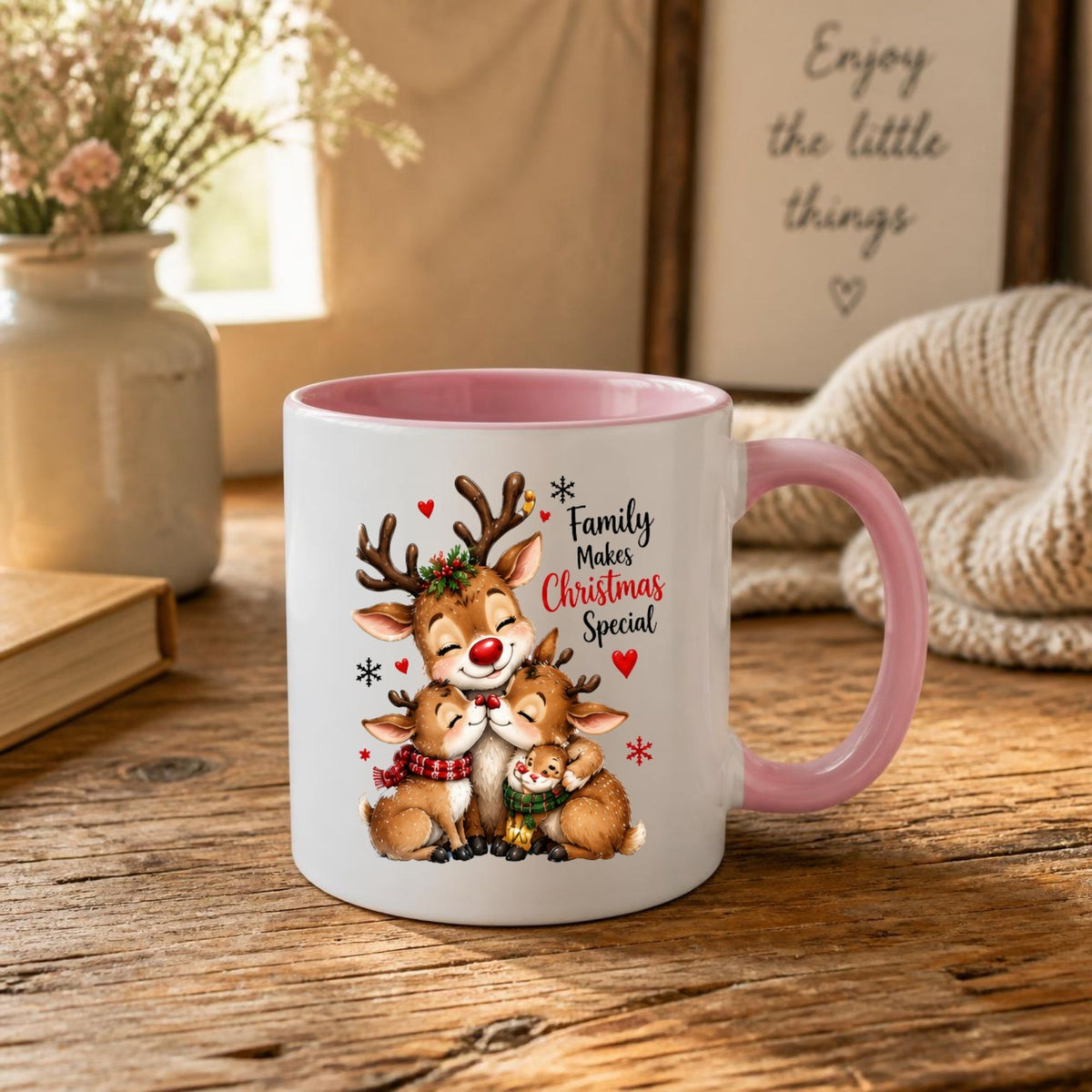 Heartwarming Mug "Family Makes Christmas Special" Reindeer Family 325ml Ceramic Coffee Mug Cute Winter Holiday Tea Cup with Snuggling Little Reindeer & Hearts Gift | Available in Multicolours | Fast Dispatch by UK Seller (M1261)
