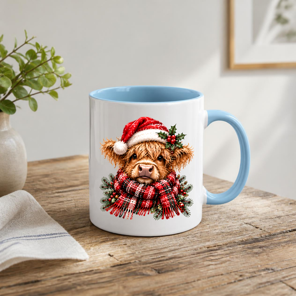 Christmas Santa Hat Highland Cow Mug Cute Christmas Highland Cow in Santa Hat 325ml Ceramic Coffee Mug – Fluffy Scottish Calf wearing Red Santa Hat & Cozy Scarf | Festive Winter Gift | Fast Dispatch by UK Seller (M3430)