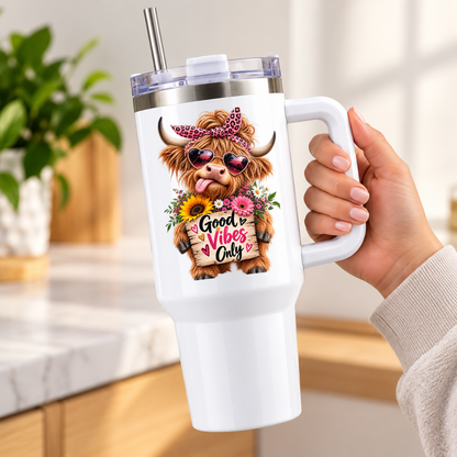 Sassy Highland Cow Travel Tumbler "Good Vibes Only" Graphic 40oz Stainless Steel Insulated Travel Mug with Handle & Straw – Cheeky Cow in Pink Leopard Bow, Heart Sunglasses, Flowers & Wooden Sign Novelty Travel Cup | Fast Dispatch by UK Seller (T3039)