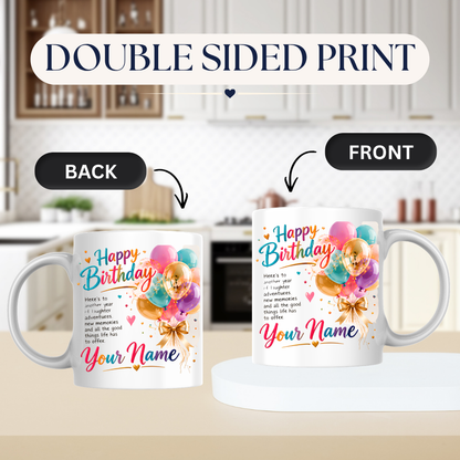 Personalised Birthday Mug "Happy Birthday" 325ml Ceramic Coffee Tea Cup – Colorful Balloons, Confetti, Custom Name & Laughter Wish Slogan Novelty Gift for Bestie, Friends, Birthday – Fast Dispatch by UK Seller (M3511)