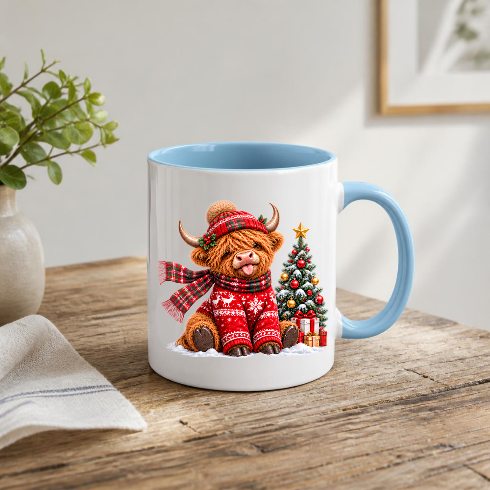 Christmas Mug "Festive Christmas Jumper Highland Cow" Christmas Jumper Highland Cow 325ml Ceramic Coffee Mug – Cute Winter Tea Cup with Christmas Tree Present Graphic Gift | Available in Multicolours | Fast Dispatch by UK Seller (M3172)