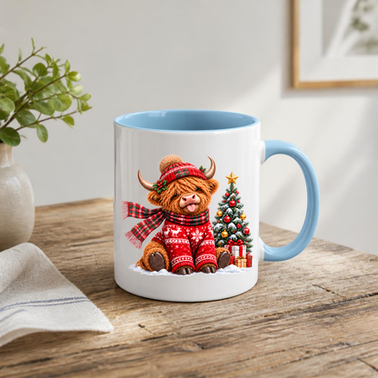 Christmas Mug "Festive Christmas Jumper Highland Cow" Christmas Jumper Highland Cow 325ml Ceramic Coffee Mug – Cute Winter Tea Cup with Christmas Tree Present Graphic Gift | Available in Multicolours | Fast Dispatch by UK Seller (M3172)